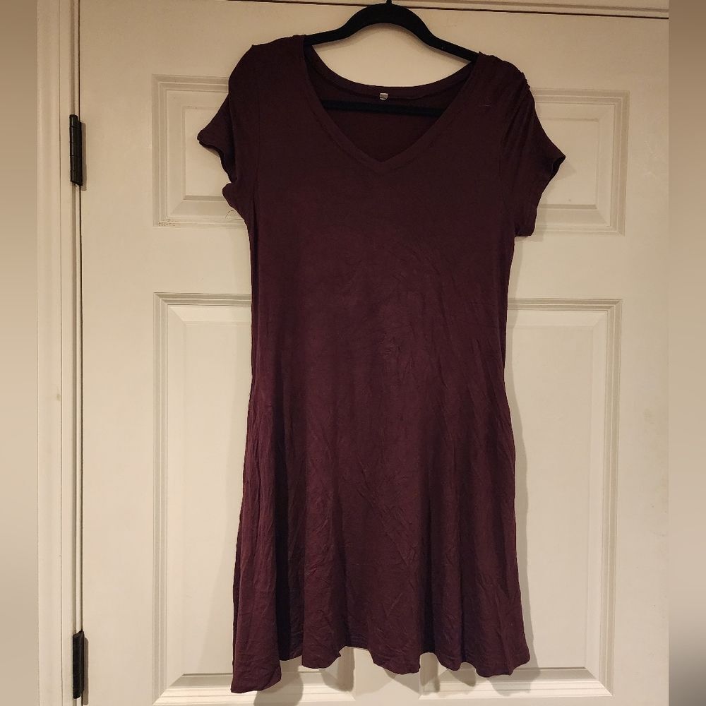 Stretchy brown short sleeve swing dress with pockets M